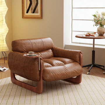 WEHOMZ Single Leather Leisure Sofa in Black & Brown with Solid Wood Legs